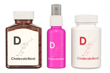Vitamin D, cholecalciferol. Medical bottles with pills and spray bottle, 3D rendering