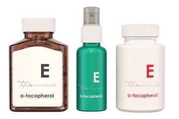 Vitamin E, tocopherols. Medical bottles with pills and spray bottle, 3D rendering