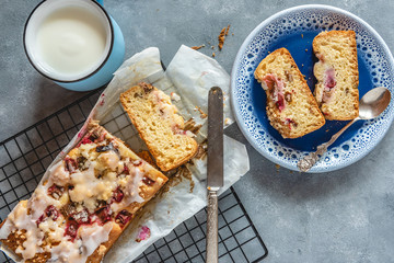 Cake with fresh rhubarb and a cup of kefir.