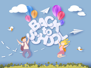 Back to school 1 september card. Children jumping. Paper cut style. Vector illustration