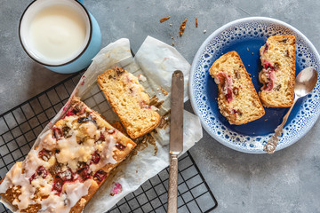 Cake with fresh rhubarb and a cup of kefir.