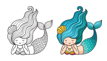 Lying dreamy mermaid. Cute cartoon character. Vector colored illustration for print, card, poster, t-shirt, coloring books, tattoo