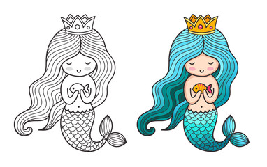 Obraz na płótnie Canvas Princess mermaid. Cute cartoon character. Vector colored illustration for print, card, poster, t-shirt, coloring books, tattoo