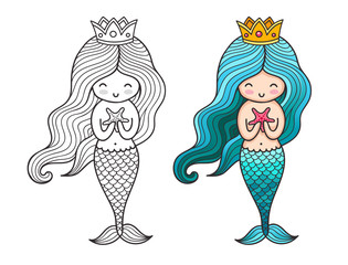 Little queen mermaid with starfish. Cute cartoon character. Vector colored illustration for print, card, poster, t-shirt, coloring books, tattoo.