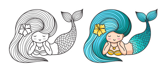 Lying dreamy mermaid. Cute cartoon character. Vector colored illustration for print, card, poster, t-shirt, coloring books and tattoo