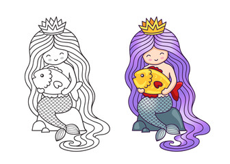 Little mermaid with long purple gradient hair, sitting on a rock, holding big golden fish. Cartoon characters. Vector illustration for coloring book, print, card, postcard, poster, t-shirt, tattoo.