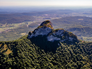 Klek is mountain in north-western Croatia, near Ogulin in Karlovac County. It is the easternmost mountain of the Velika Kapela range of the Dinaric Alps. Drone aerial photo.