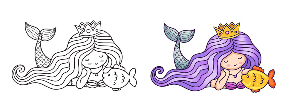 Dreamy lying princess mermaid, stroking golden fish. Cartoon characters. Vector illustration for coloring book, print, card, postcard, poster, t-shirt, patch and tattoo