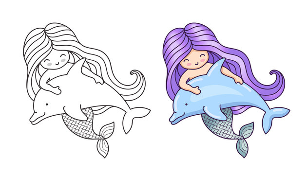 Mermaid, floating with dolphin. Friendship. Cute cartoon character. Vector illustration for coloring book, print, card, postcard, poster, t-shirt and tattoo