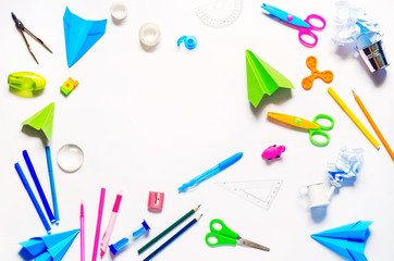 school. study. knowledge. education. pencils, markers, pens, lenses, sharpeners, sawdust, scissors, spinner, rulers, crumpled paper, paper airplanes, scotch tape. all the best for students