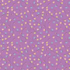 Vector seamless ornament with multi-colored festive bright pink green light bulbs on a long purple wire with swirls with a swirl lilac background pattern.