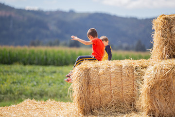 Naklejka na ściany i meble Two kids sitting on a haystack.