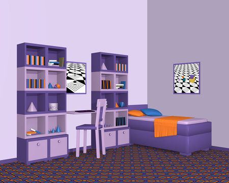 Jugendzimmer in violetten Farbtönen. Mit Schrankwand und Einzelbett aus Seitenansicht.  3d render