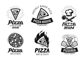 Pizza, pizzeria logo or label. Food icon set. Vector illustration