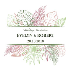 Fototapeta na wymiar Wedding Invitation Card in pastel colors. Tropical Background. Vector Template. Fashion Graphic.