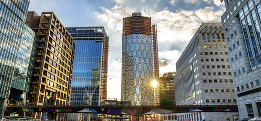 Office buildings and South Quay footbridge in Canary Wharf, London