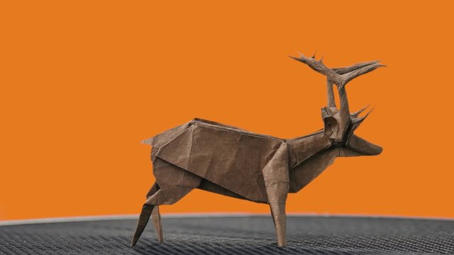 Deer figurine on orange background. Beautiful handmade art, origami or paper folding. Crafts and creative skills.