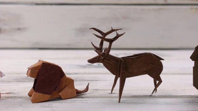 Exposition of origami animal models. Deer, lion, fox, elephant and dog.