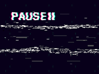 Glitch pause with symbol on dark background. Retro VHS backdrop. Abstract white distortions. Video cassette effect. Vector illustration