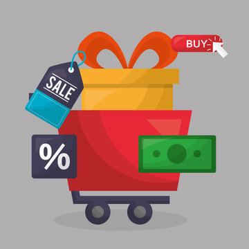online shopping gift box cart money porcent sale sticker vector illustration