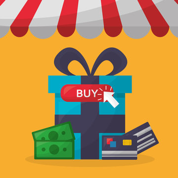 online shopping pennant gift box money credit card buy vector illustration