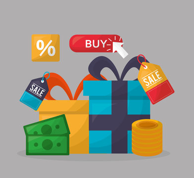 online shopping gift boxes colors coins money buy vector illustration