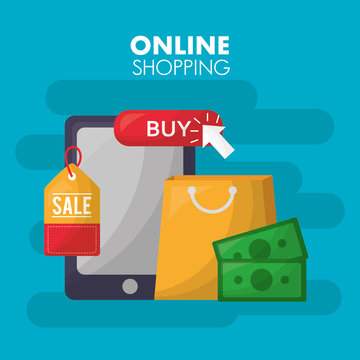 online shopping smartphone handbag money ticket sale vector illustration