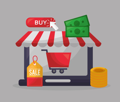 online shopping shop store sale coins car money vector illustration