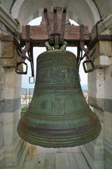 Naklejka premium Pisa,Italy-July 28, 2018: Bells on top of Pisa Tower 