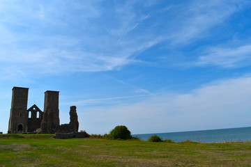 The twin towers of St Mary's Church, Reculver, Herne Bay, Kent, England, August, 2018