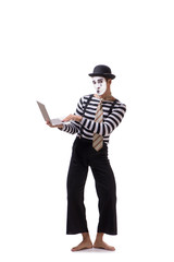 Mime with laptop isolated on white background