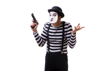 Mime with handgun isolated on white background