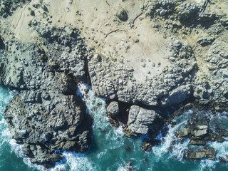 An aerial view of Atacama Desert at the coast area an amazing landscape for geology with incredible sand formations and folds in the Earth, Coastal Houses at Caldera, Copiapo, Chile
