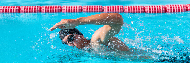 Swimming pool sport crawl swimmer athlete banner. Man doing freestyle stroke technique in water...