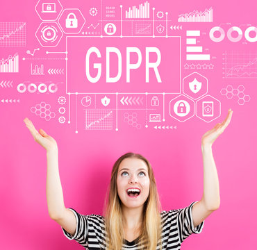 GDPR with young woman reaching and looking upwards