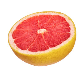 Ripe half of pink grapefruit isolated on white background .