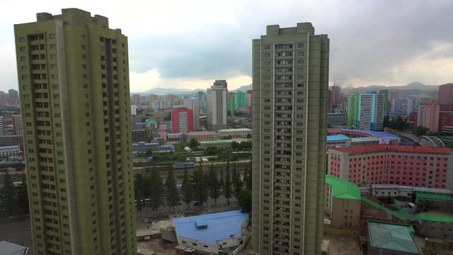 August, 2018 - Pyongyang, North Korea - Panoramic shooting of the central residential street of Pyongyang from the height of the twenty-fourth floor of the hotel