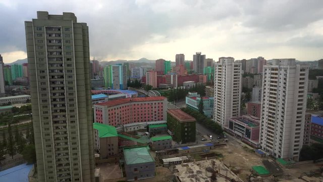 August, 2018 - Pyongyang, North Korea - Panoramic shooting of the central residential street of Pyongyang from the height of the twenty-fourth floor of the hotel