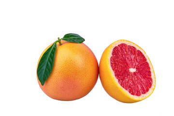 Fresh grapefruit with green leaves isolated.
