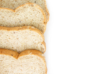 whole wheat bread top view on white background.