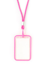 Blank badge with pink neckband. on white background.
