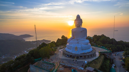 Stunning panoramic view Phuket white big Buddha landmark of Phuket island can see from distance. .Phuket Big Buddha statue is one of the island most important and revered landmarks on the island. - obrazy, fototapety, plakaty