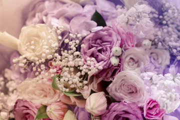 Close up Bridal bouquet White and pink, Colorful multiplicity roses background shallow depth of field.