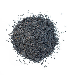 Heap of black sesame on white background.