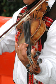 Male violinist performing in concert outdoors.