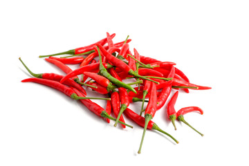 Group of red hot chili peppers isolated on white background.