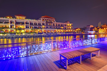 Night scenery view of Malacca river side.