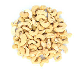 heap cashews top view on white background.