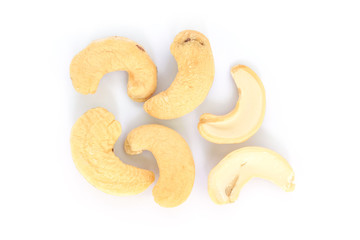 heap cashews top view on white background.