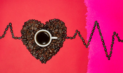 Heart of coffee beans and a histogram on a red and pink background